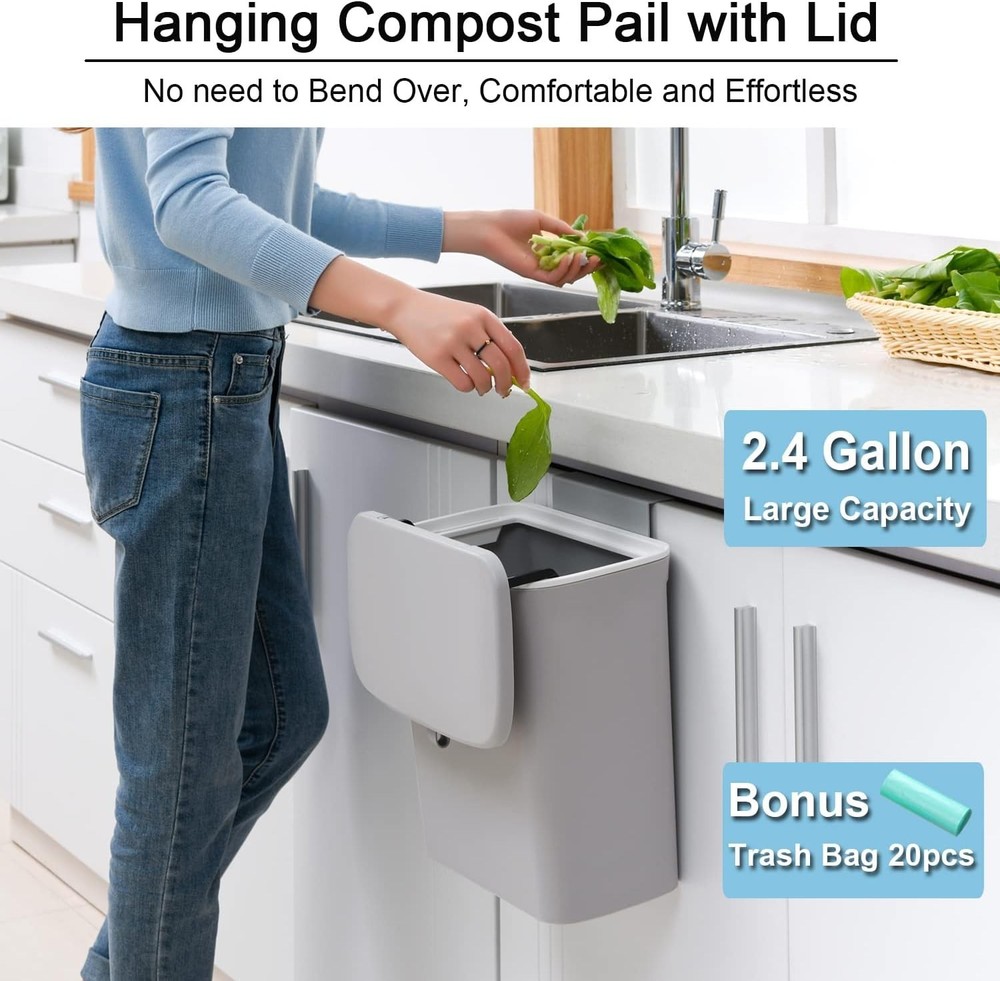 Gray 2.4 Gallon Kitchen Compost Bin - Versatile, Wall-Mount Design for Any Space
