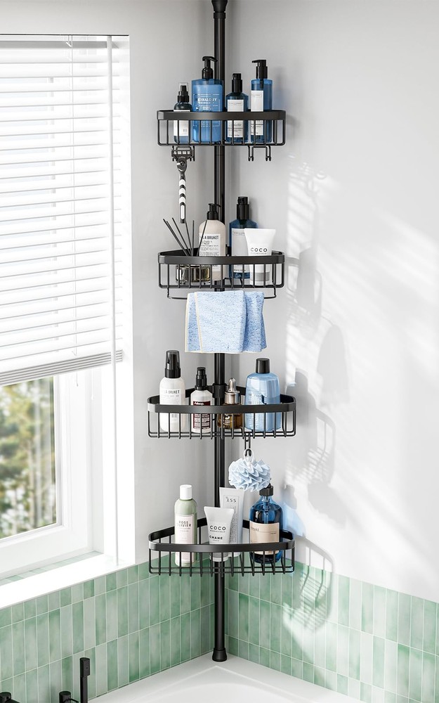 Corner Shower Caddy Tension Pole: Adjustable Rustproof 4-Tier Inside Black