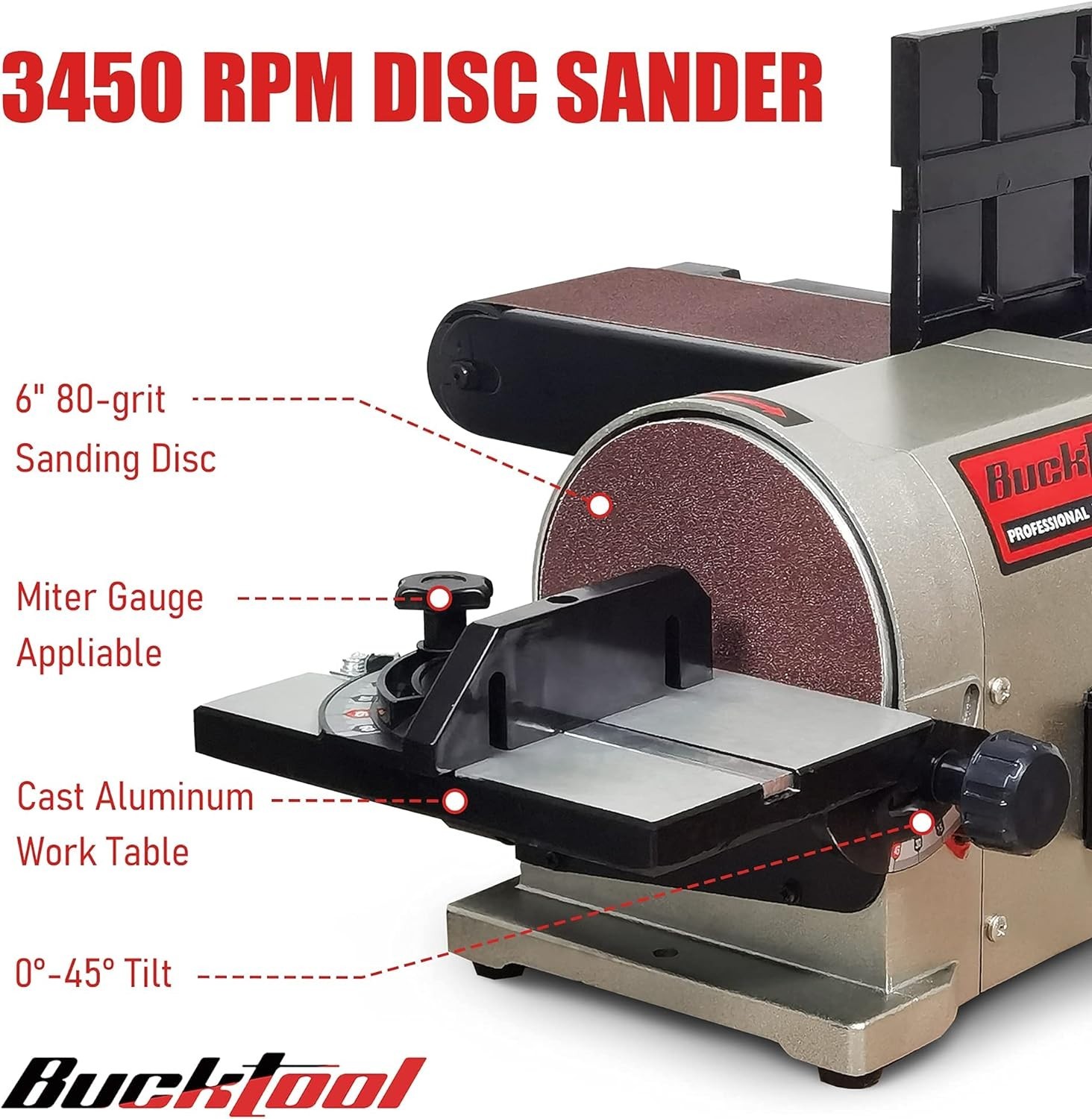 BUCKTOOL 3/4HP 5.0A Belt Disc Sander 4x 36 inch Belt Sander and 6 in Disc Sander