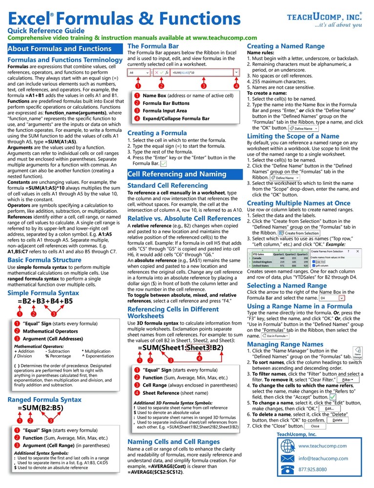 Microsoft Excel Formulas and Functions Quick Reference Training Cheat Sheet