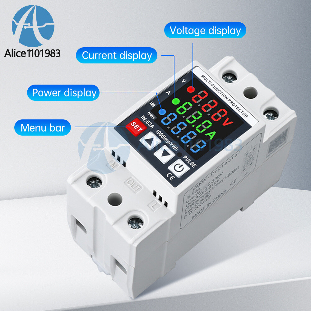Voltage Current Power Meter 35mm Rail Overcurrent Undervoltage Protector 63A