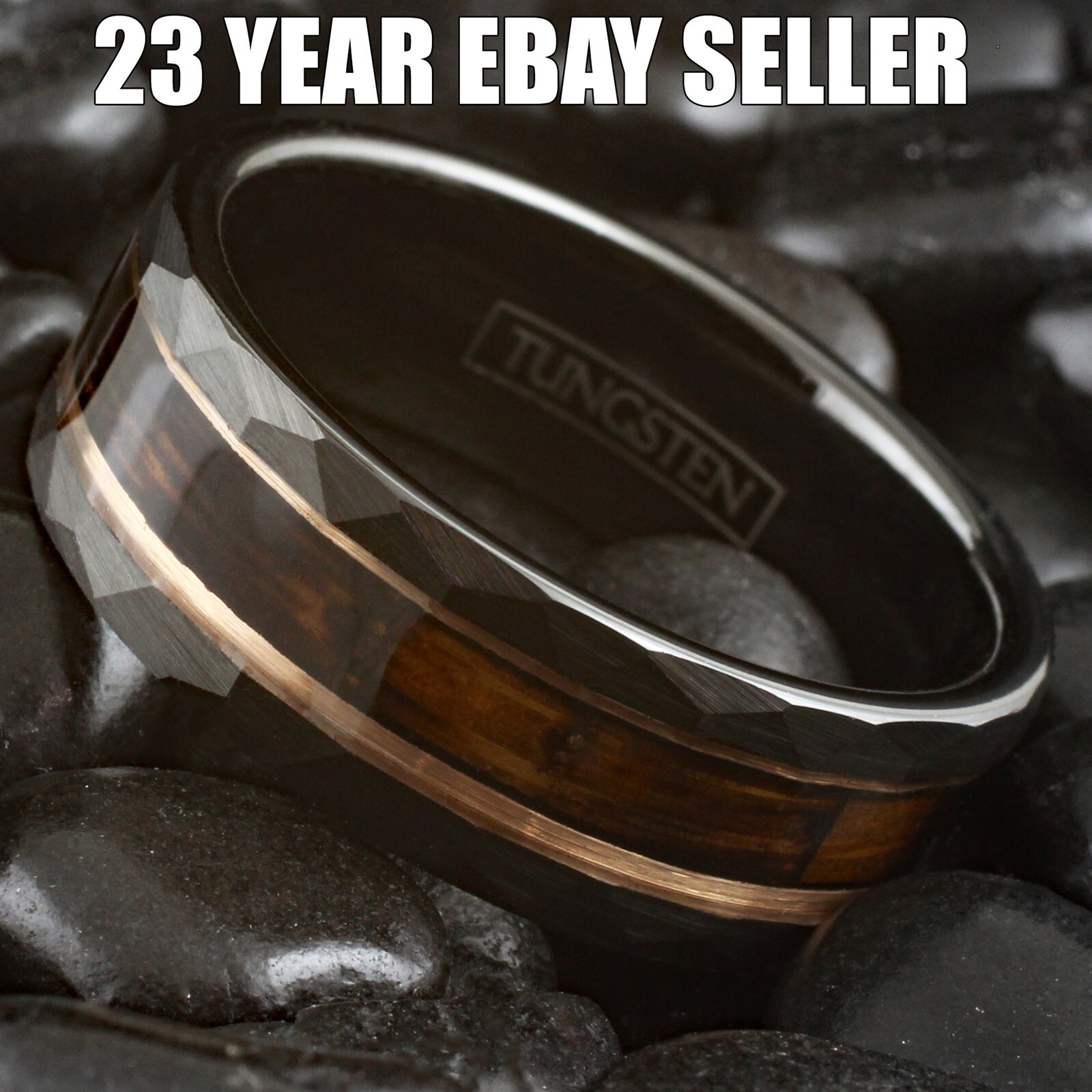 Black Tungsten Men's Ring Charred Whiskey Barrel Rose Gold Plated Wedding Band