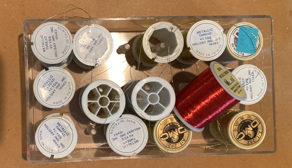 14 Spools Metallic Thread-Gold, Silver & 1 Red Plus Plastic Thread Storage Box