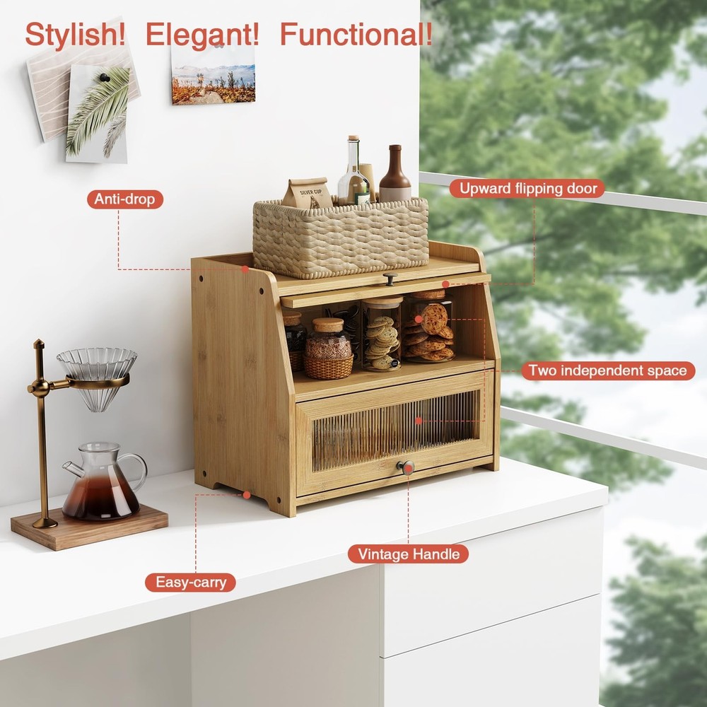 Large Bread Box for Kitchen Countertop, Double Layer Breadbox for Homemade Lo...