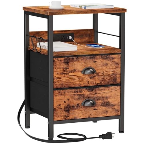 End Table with Charging Station, Nightstand with Fabric 1 pc Rustic Brown