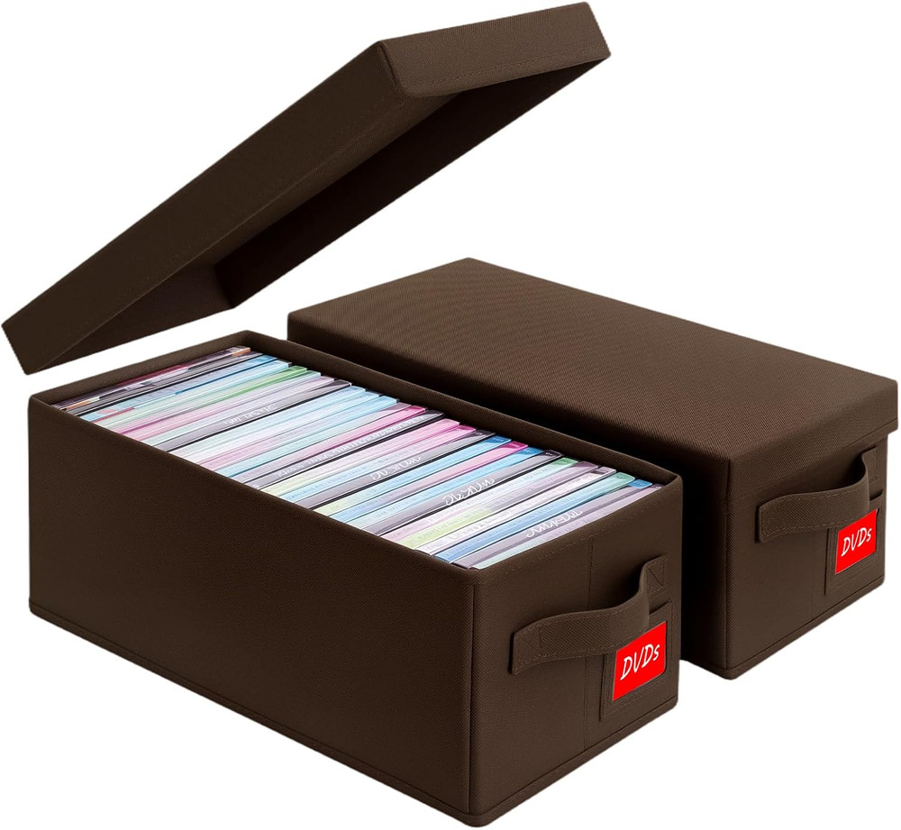 DVD Storage Box 2 Pack – Brown Sturdy Media Organizer with Lids, Stackable Stora