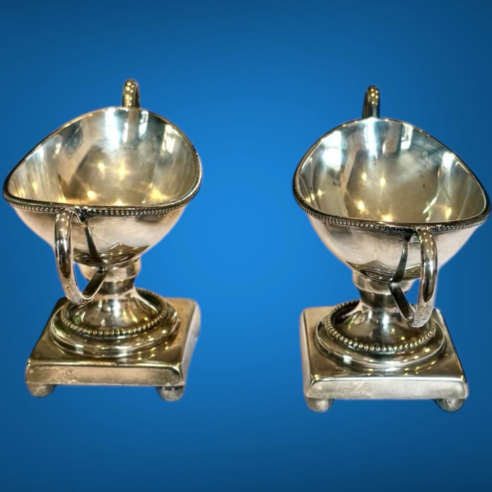 Vintage Antique Pair of Silver Plated Pedestal Salt Cellars With Handles