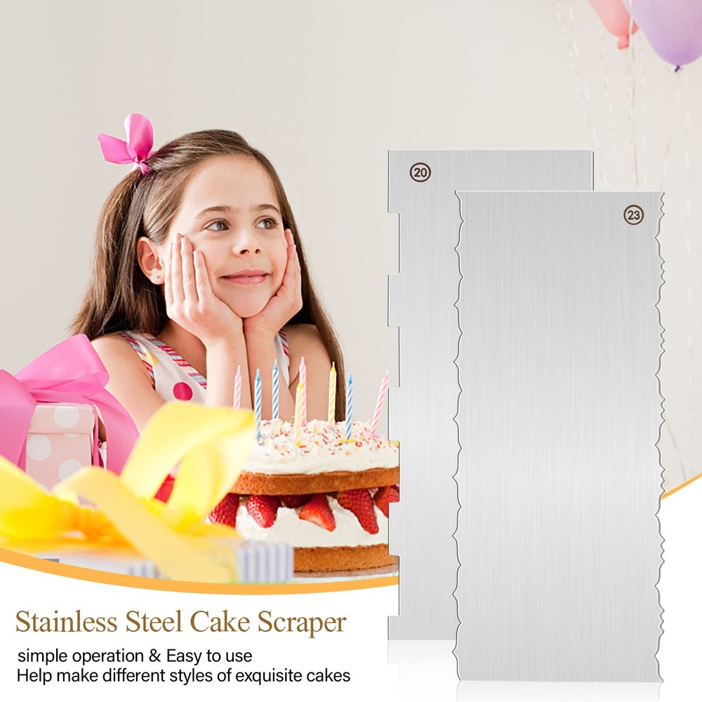 4 PCS 9 Inch Stainless Steel Cake Scraper, Double Sided Patterned Edge Tool
