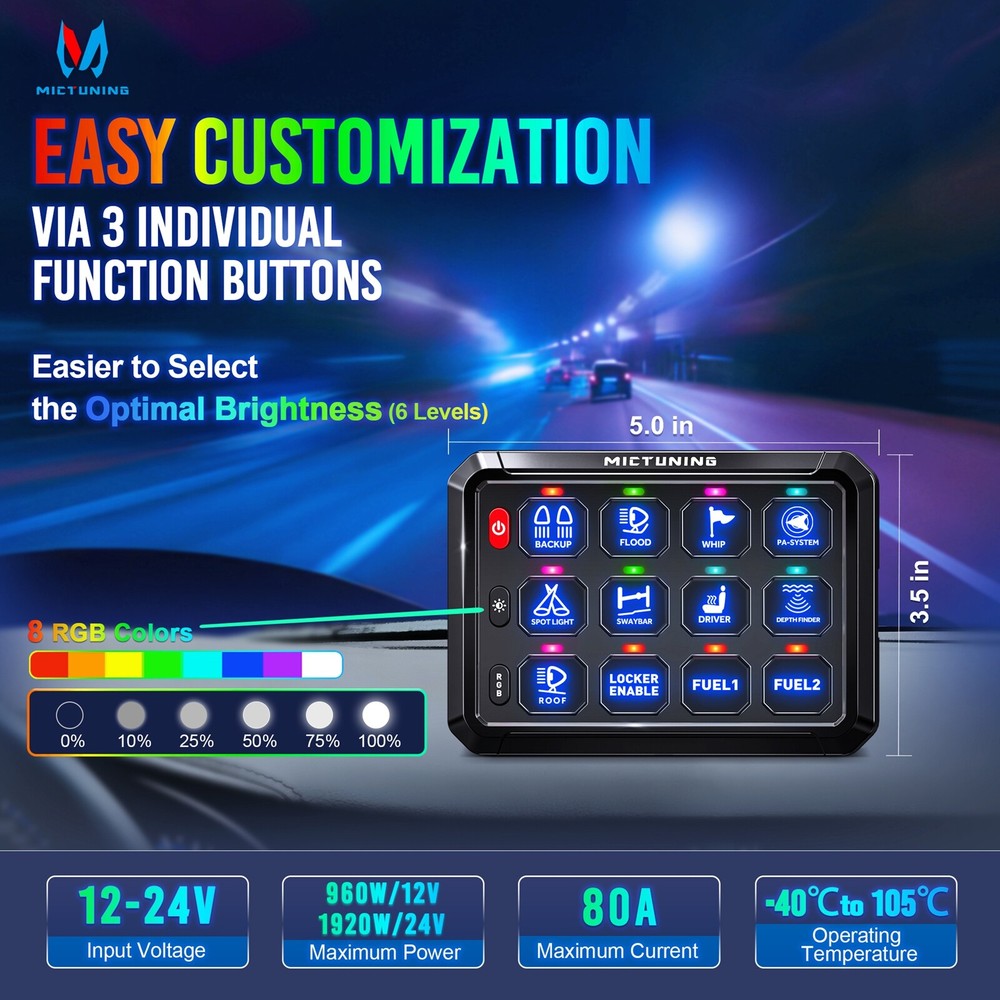 MICTUNING P1S RGB 12 Gang Switch Panel - Multifunction Auxiliary Circuit Control