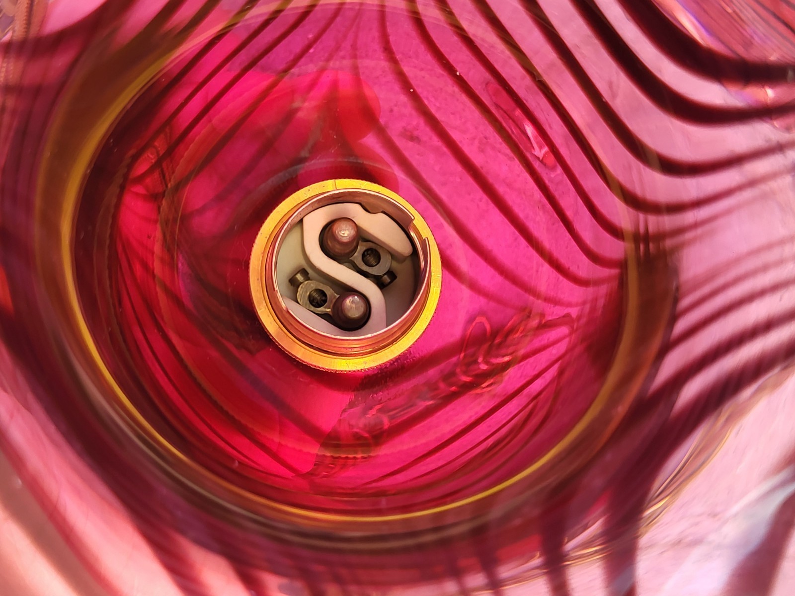 Set Of 4 Vintage Cranberry Swirl Glass Pendant Lamps, Ceiling Roses, Chains