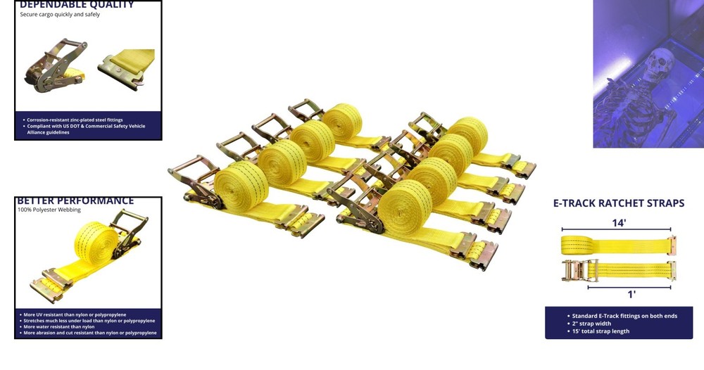 Durable 8 Pack Nylon 2" x 15' E-Track Ratchet Straps - Quick Release & Secure