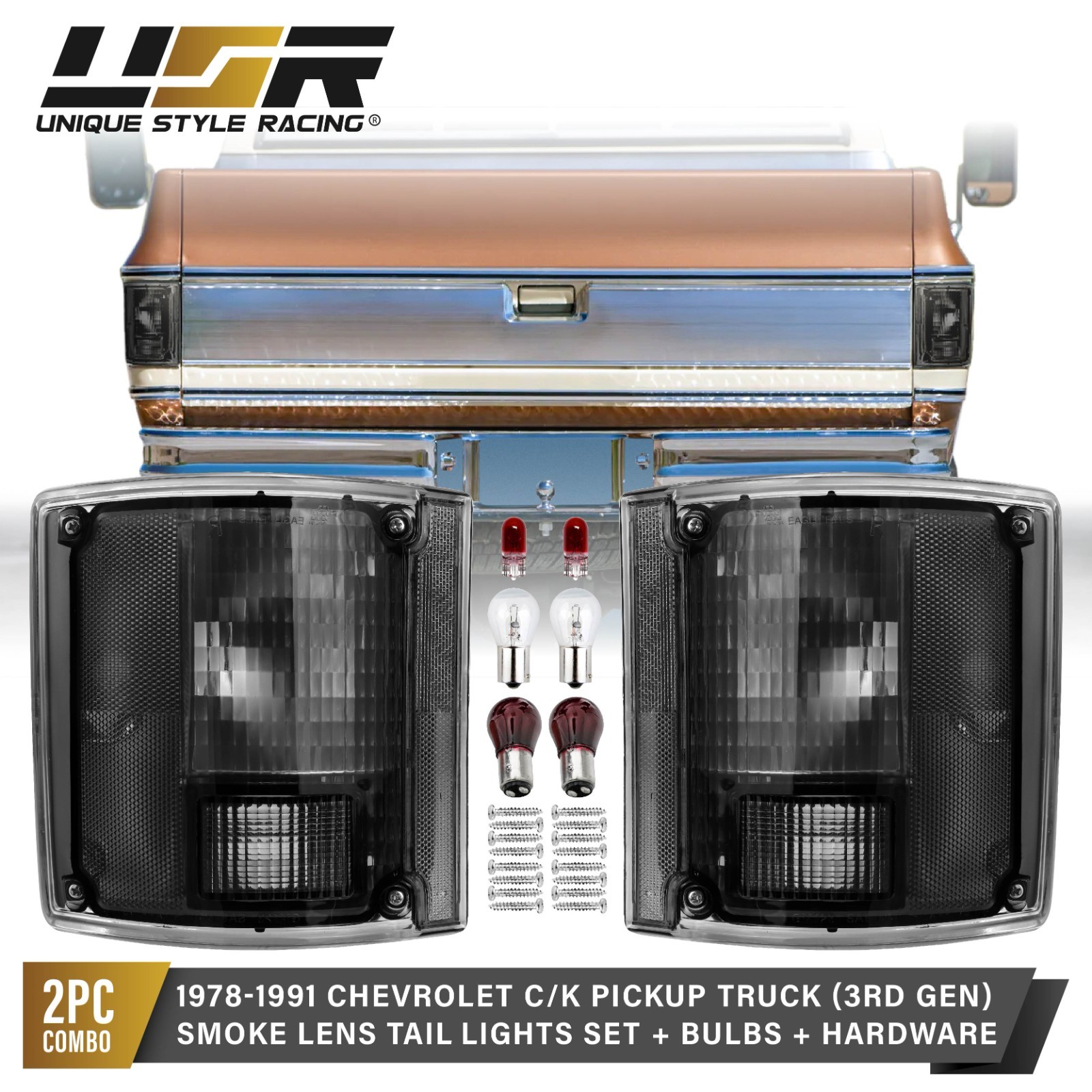 Smoke Tail Light w/ Bulb+Hardware L+R For 78-91 Chevy CK PickUp & Suburban / GMC