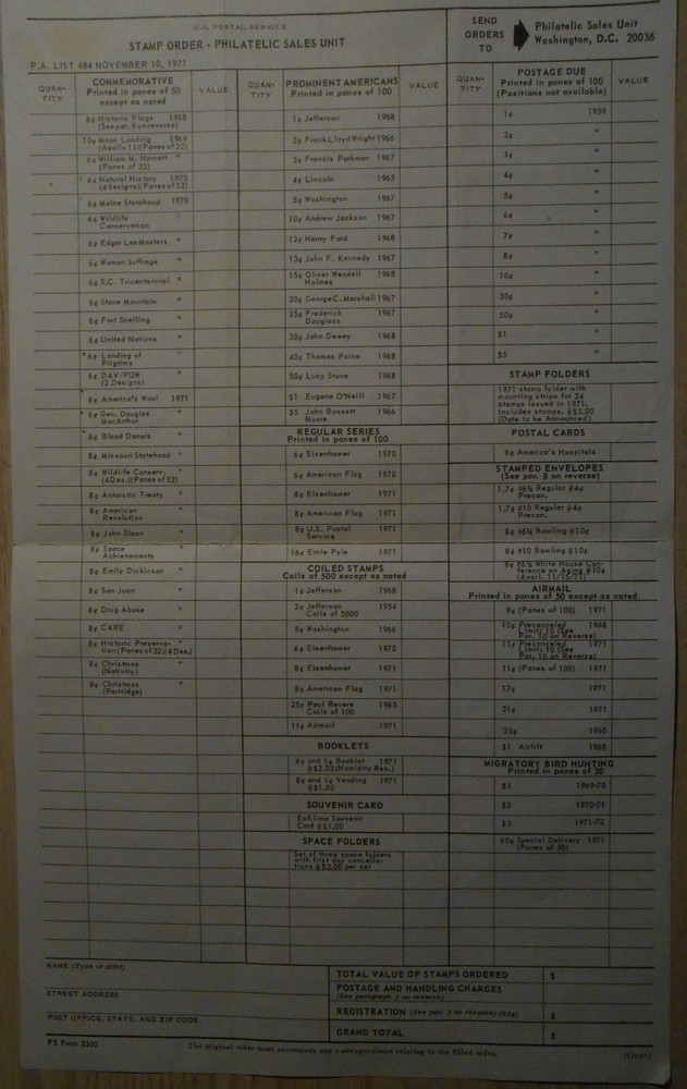 1971 United States Postal Administration Stamp Order Form.    #02 USPS1971of