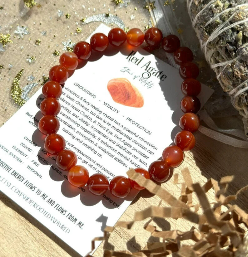 Natural Carnelian Red Agate Bracelet 8mm Beaded Healing Reiki Stretchy Bracelet