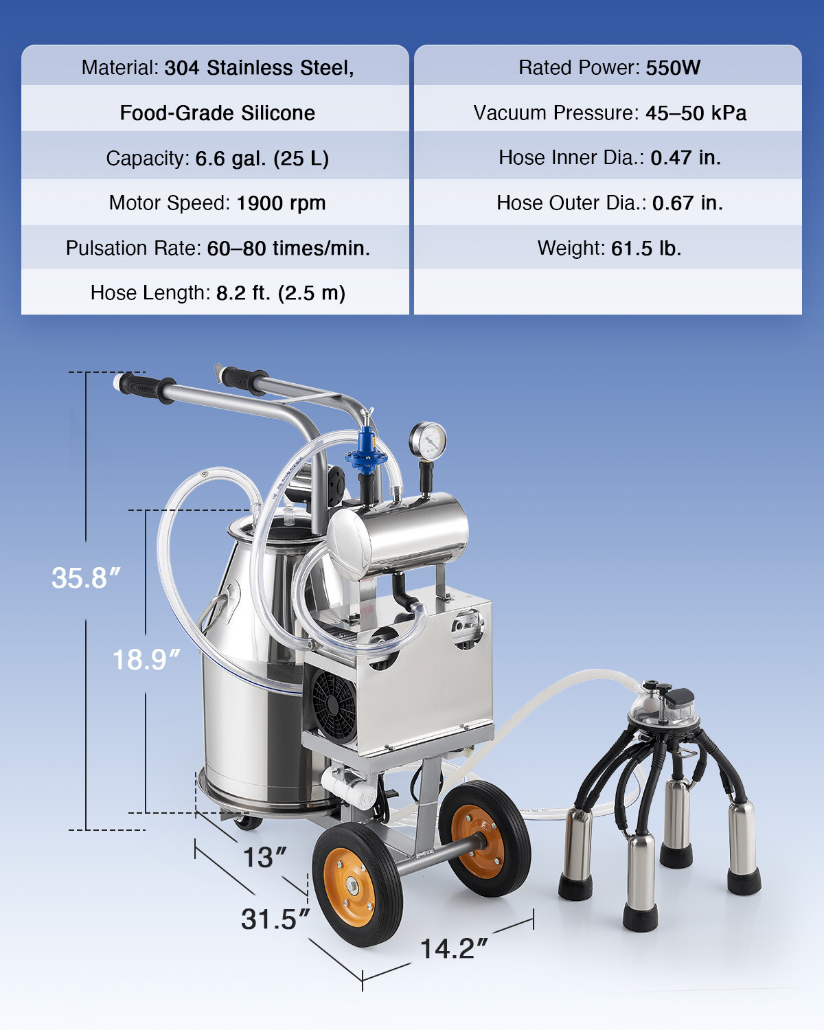 CREWORKS Electric Milking Machine Cow Milking Equipment 25L 304 Stainless Steel