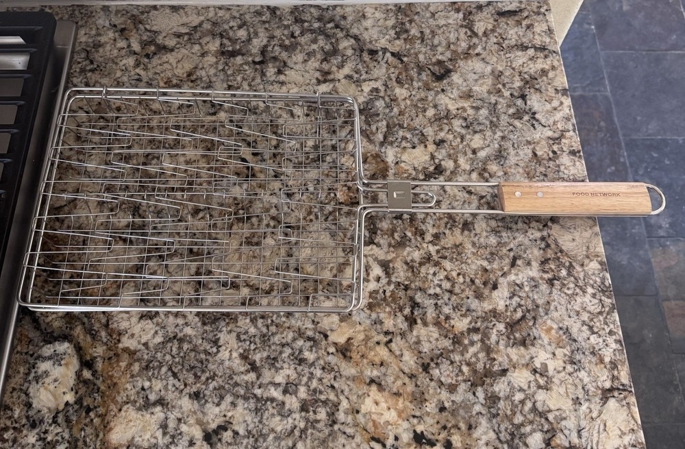 Food Network Grill Basket Brushed Silver Easy Clean Reusable Wooden Handle