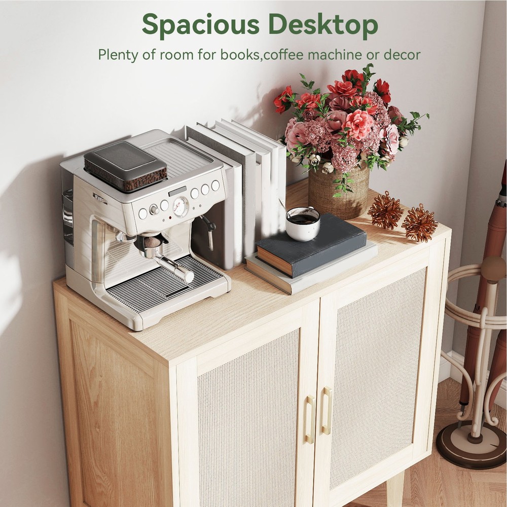 Buffet Cabinet With Rattan Decor Doors Solid Wood Feet Multifunctional PHPF