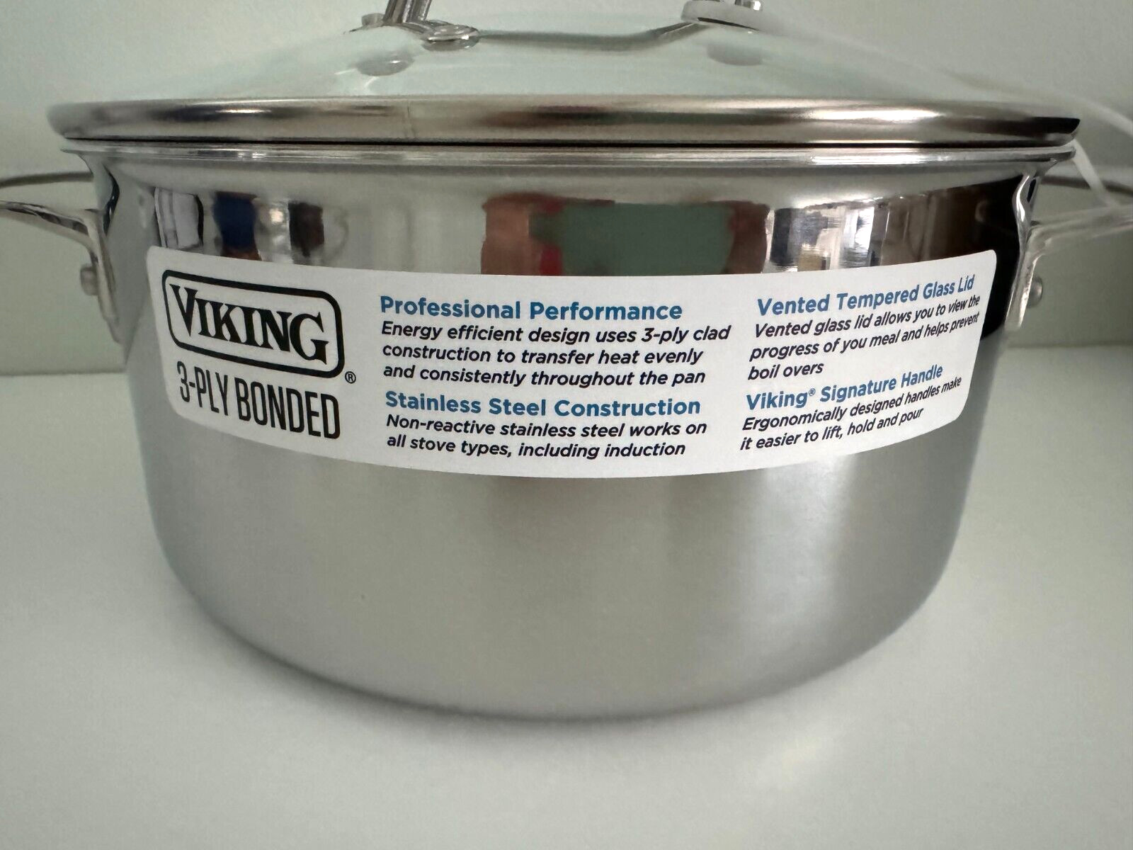 New VIKING 3-PLY STAINLESS STEEL SOUP POT WITH GLASS LID 4QT/3.8L 4 QUARTS