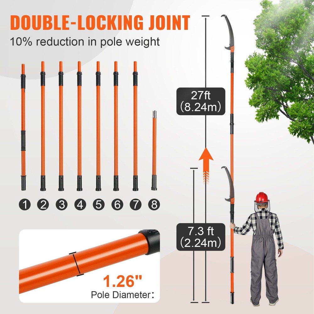 8-Segment Extendable Pole Saw 7.3–27ft, Lightweight 11lb, Hooked Carbon Blade