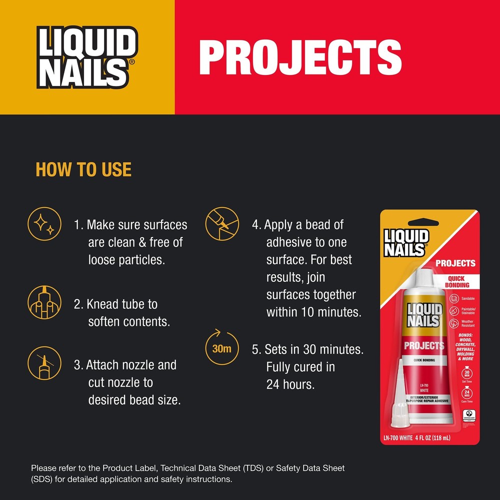 Liquid Nails LN-700 4-Ounce Small Projects and Repairs 4 Ounce, Multicolor