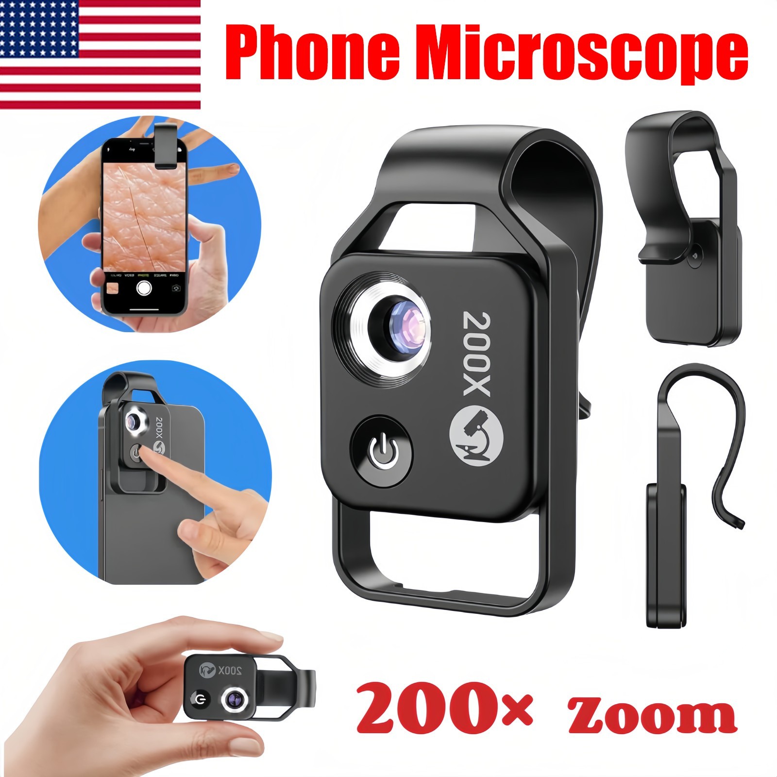 200X Phone Mini Pocket Microscope with LED Light/Universal Clip, Nano Zoom Porta