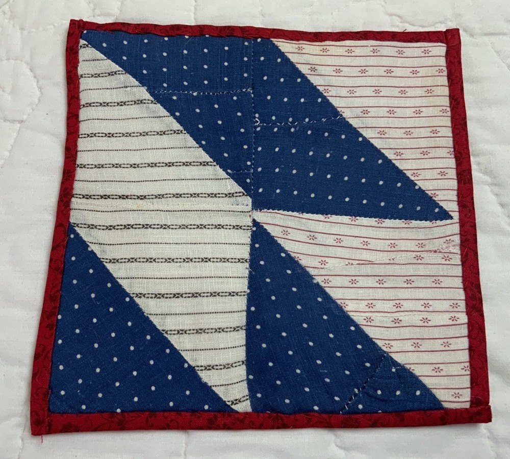 Vintage Antique Patchwork Quilt Table Topper, Triangles, Blue, White