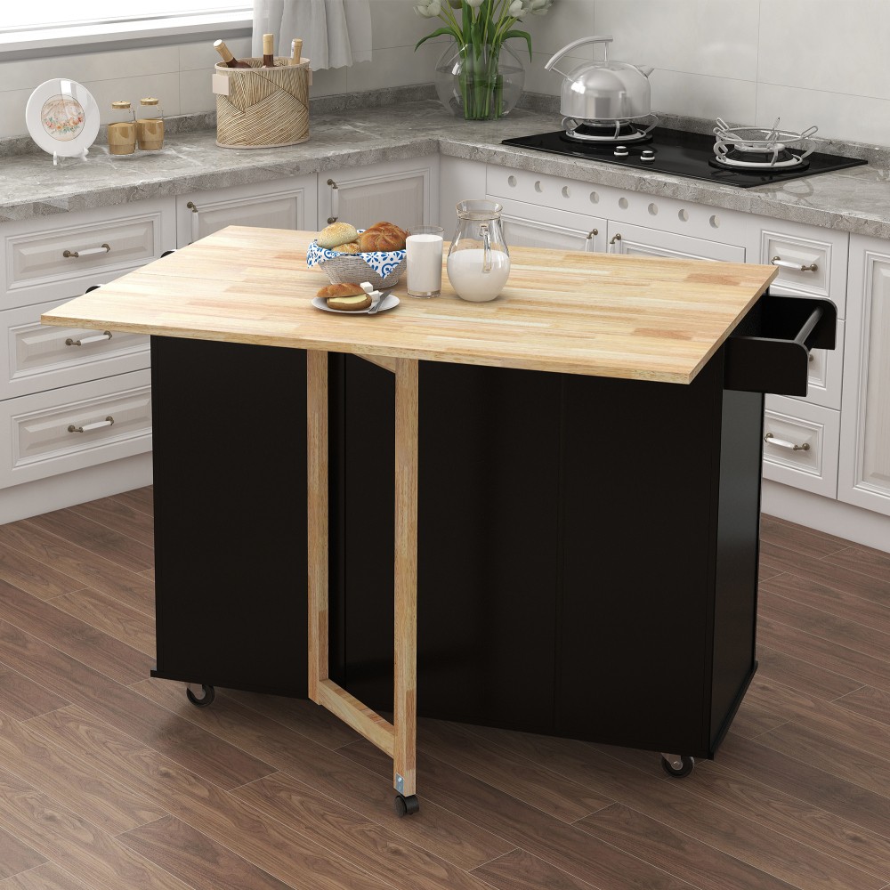 Kitchen Island W Spice Rack Towel Rack Extensible Solid Wood Table Top