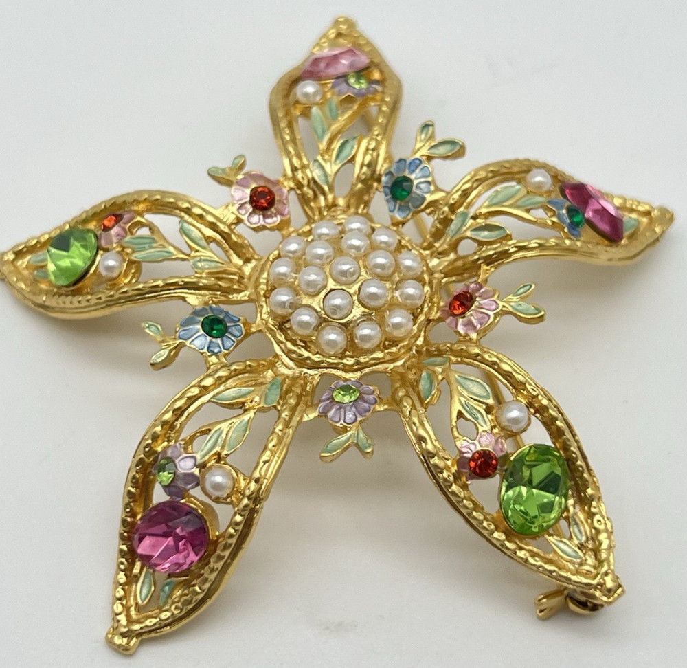 Vintage Rhinestone Pearl Brooch Signed Tiara Misu IV Pastel Flower Gold Toned