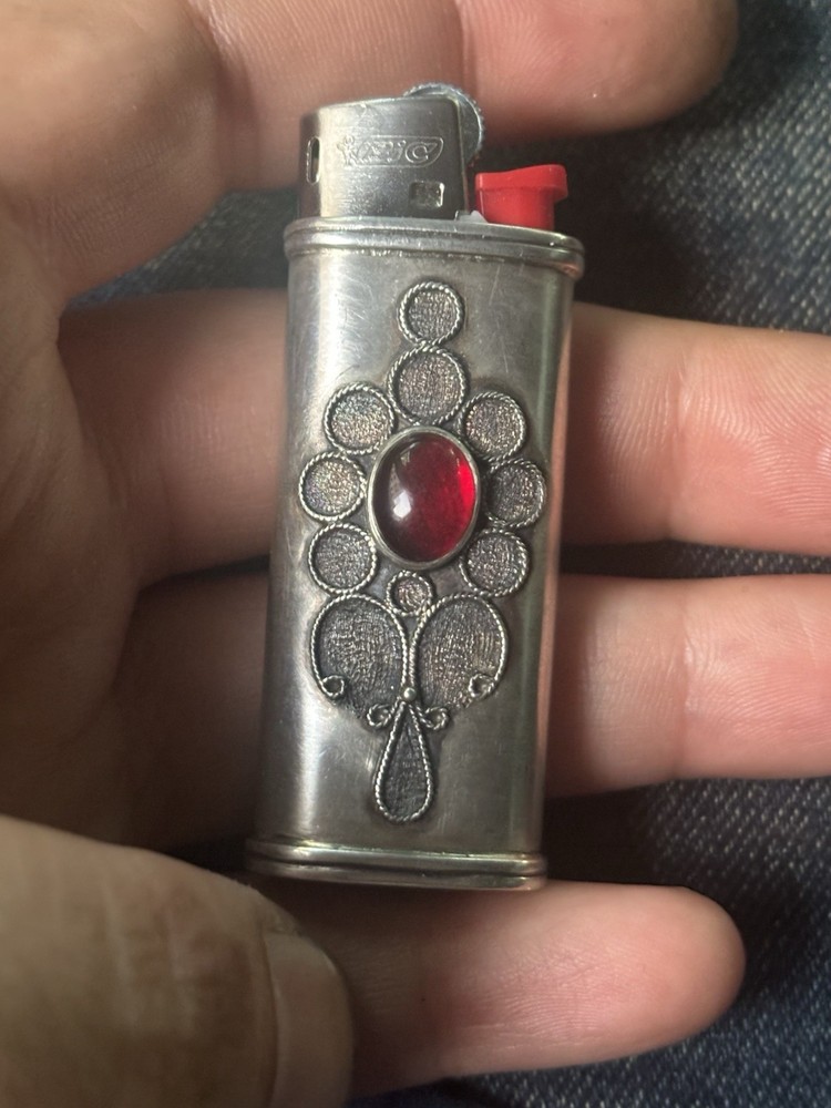 Sterling Silver 925 Lighter Case with Antique Cover Vintage Ruby  Custom Made