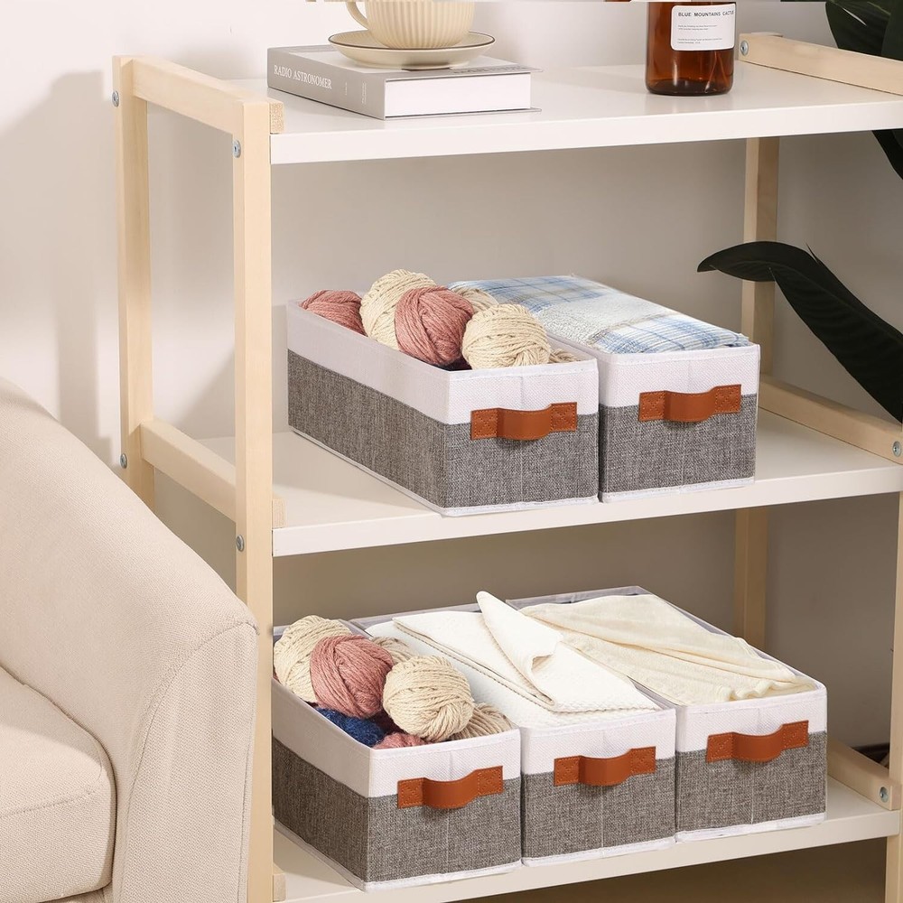 Foldable Open Storage Bins - Fabric Storage Containers with Leather Handles