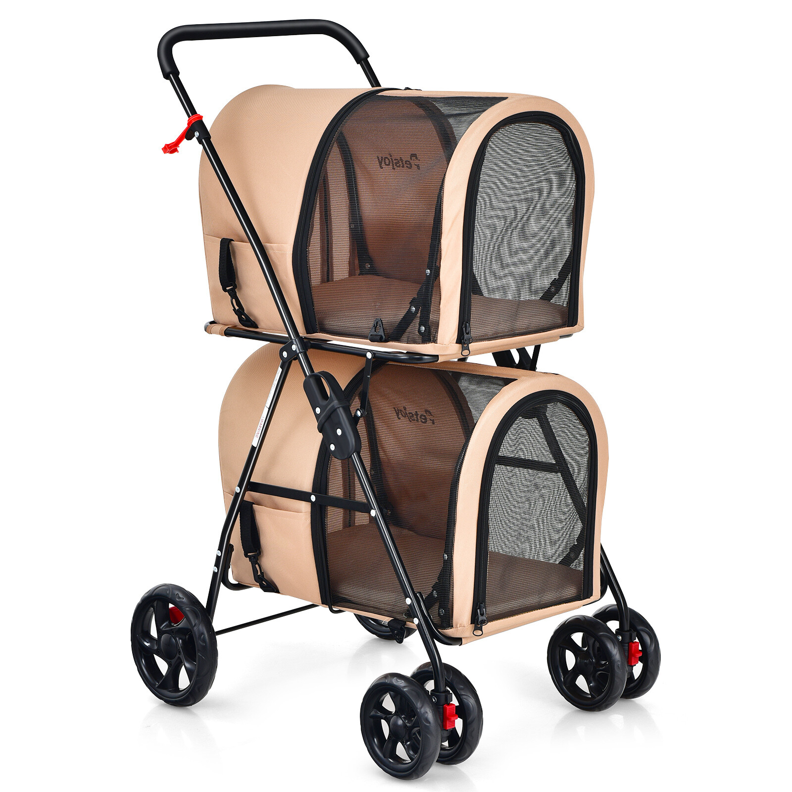 4-in-1 Double Pet Stroller w/ Detachable Carrier Travel Carriage for Cats Beige