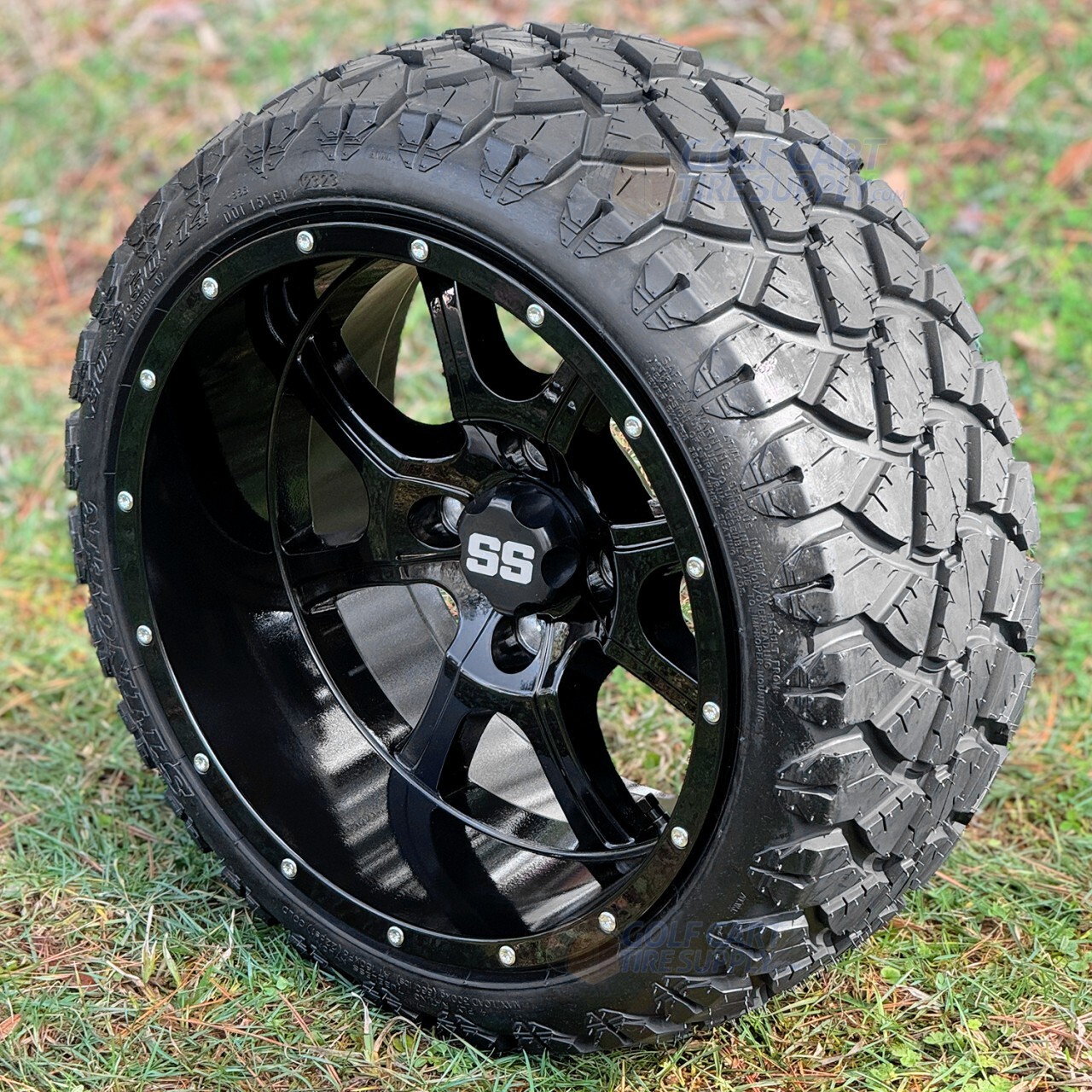 14" Stalker Black Golf Cart Wheels & 20x8.5-14" Stinger DOT Tires - Set of 4