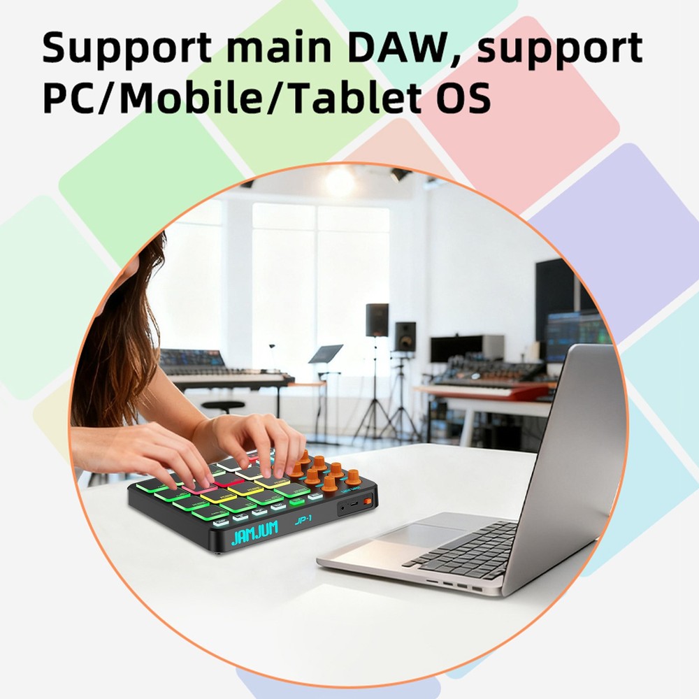 JAMJUM MIDI Portable Beat Maker MIDI Controller 16 RGB Pads 8 Knobs Long Battery