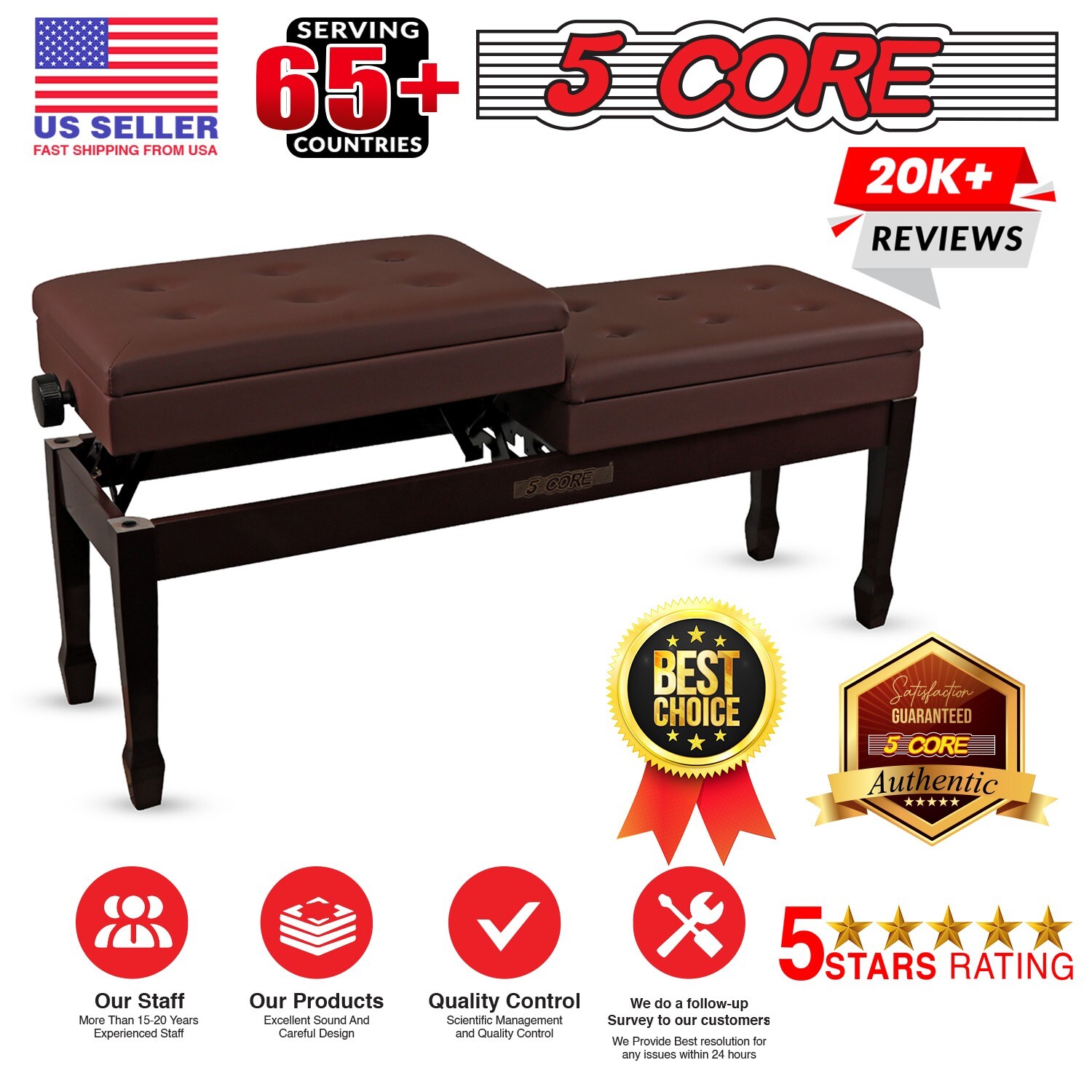 5Core Professional Double Duet Piano Bench Soft Padded Seat Wood Chair w/Storage