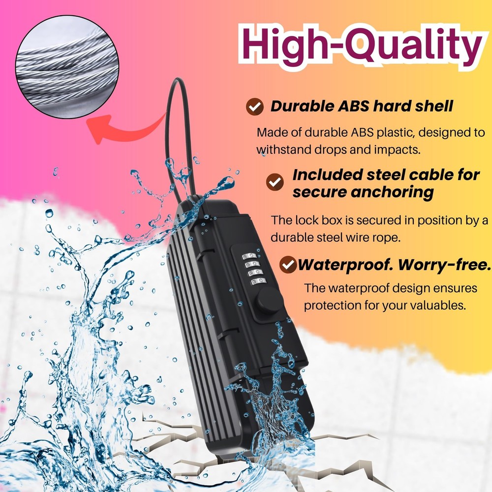 Portable Security Lock Box with Combination Lock Waterproof Mini Safe Box wit...