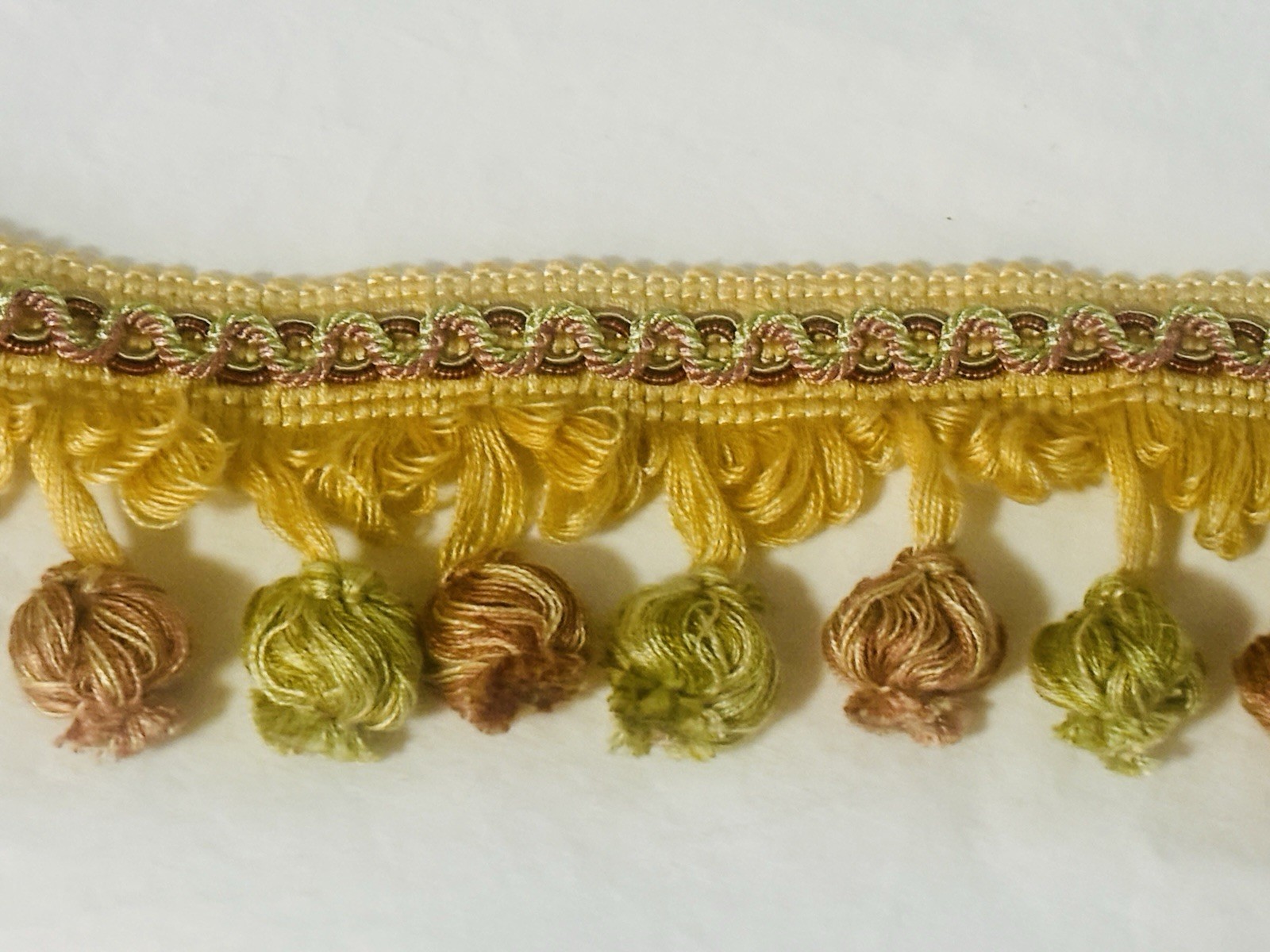 1 YD 2" Vintage Trim Fringe Pom Pom Onion Tassel Green & Mauve on French Yellow