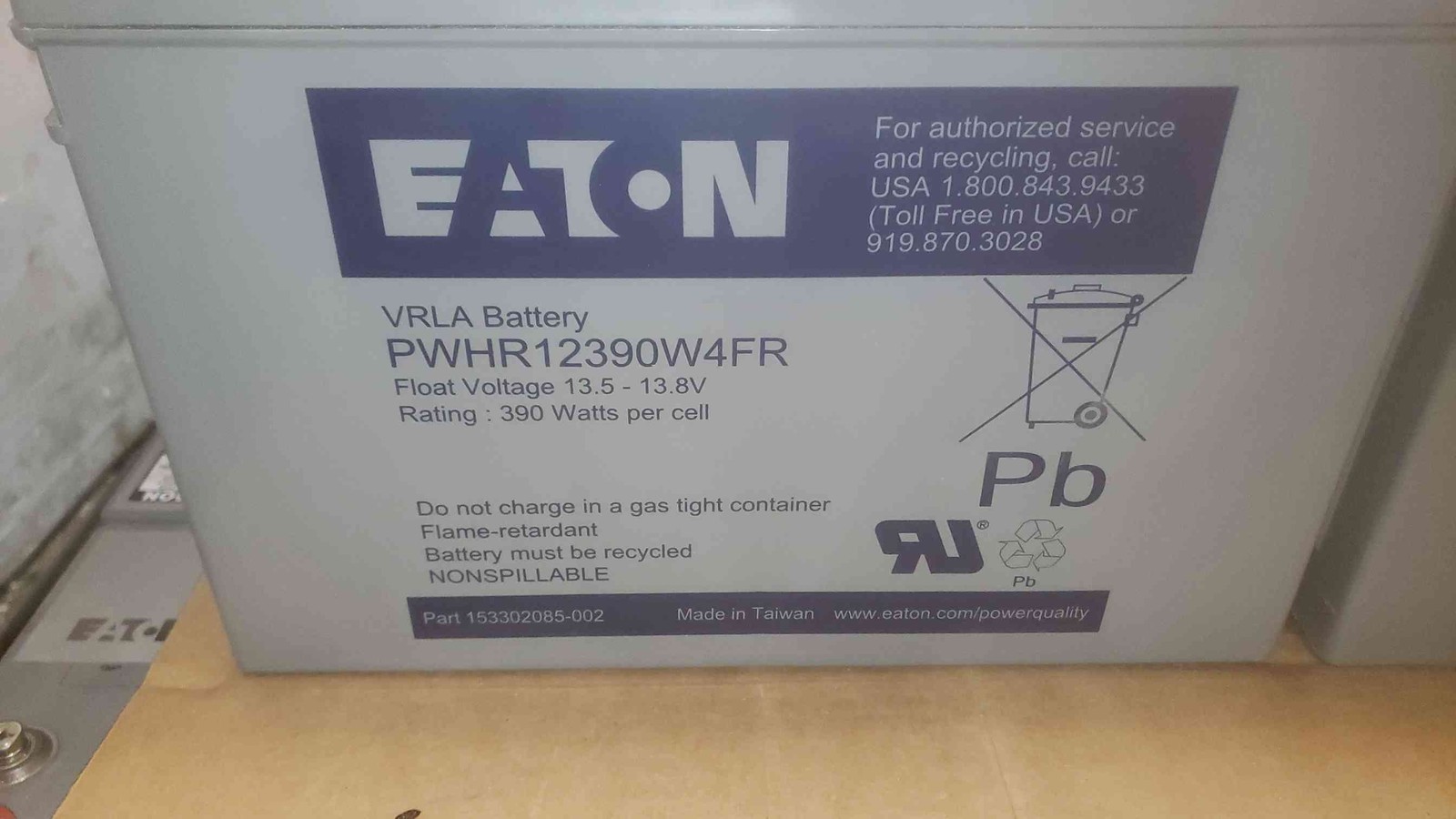 100 AH Eaton 390W/Cell VRLA Battery 12V PWHR12390W4FR (SKU: 110364)