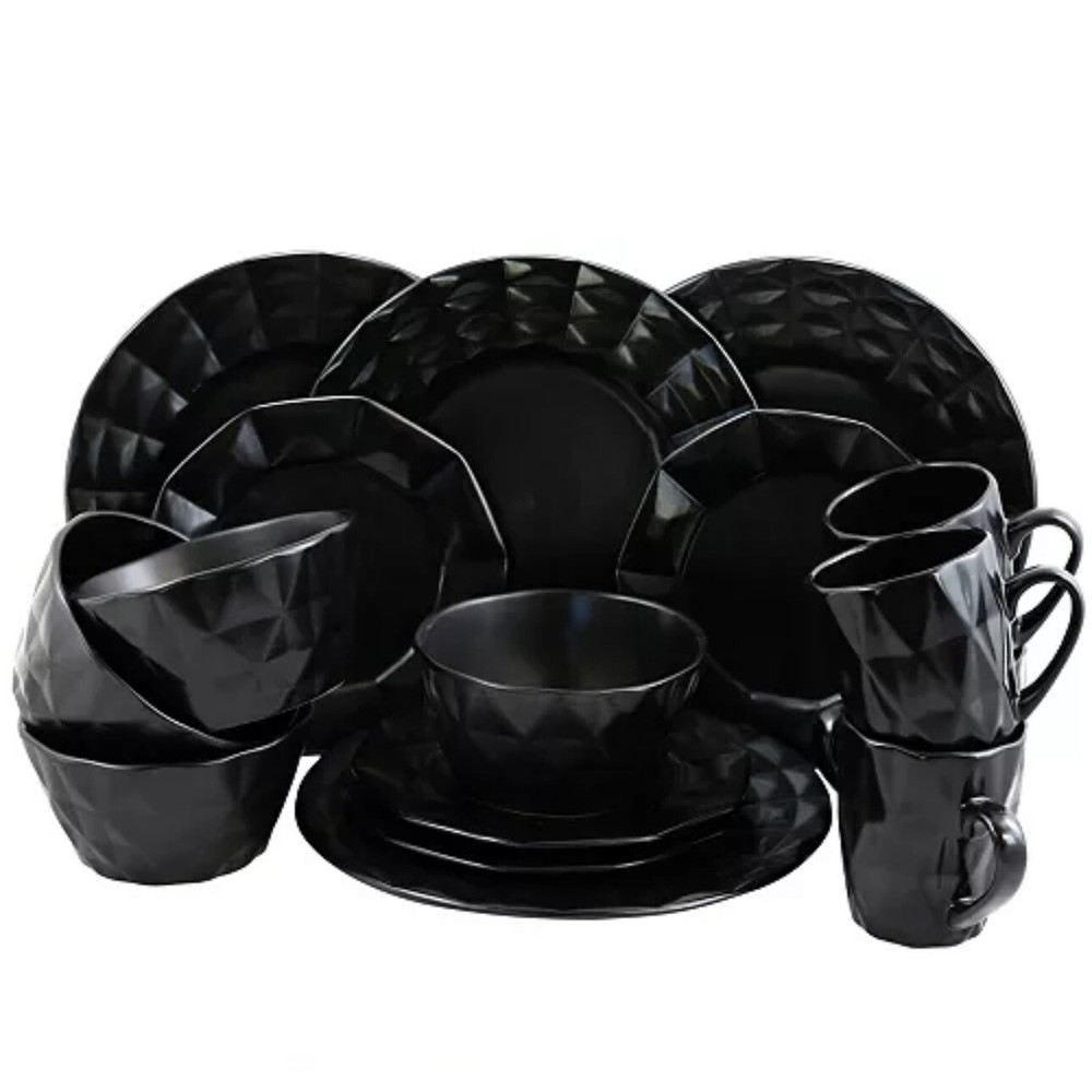 Elama Retro Chic 16 pc Glazed Stoneware Dinnerware Set in Black