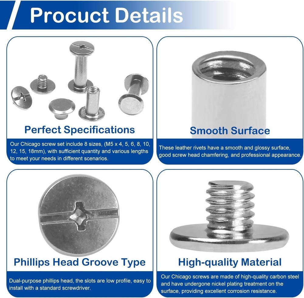 130Sets Chicago Screws Kit Silver Binding Screw Rivets for Leather Crafts