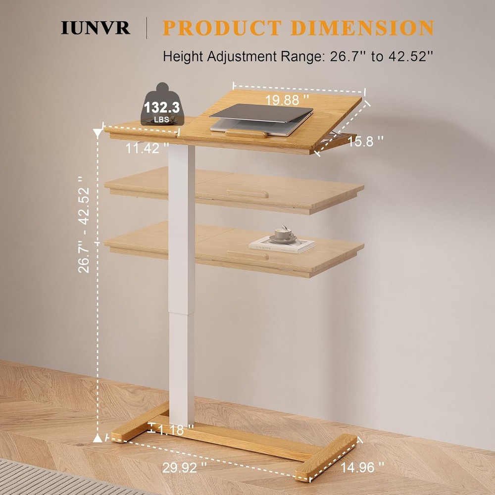 Solid Wood Overbed Bedside Table W/ Hidden Casters Adjustable Hospital Bed Table