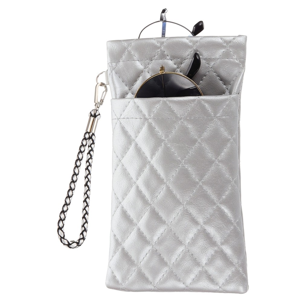 Soft Double Eyeglasses Case Pouch with Carrying Strap, Silver Tone