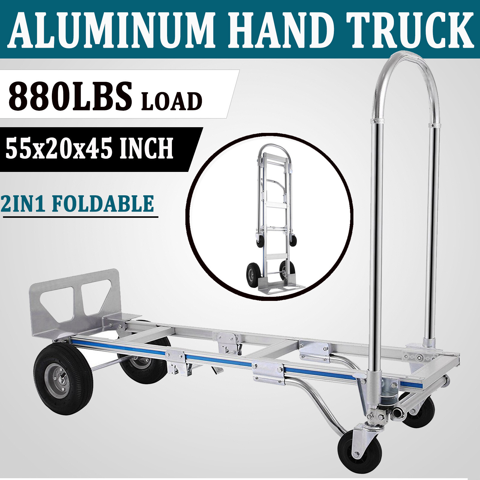 1000 Lbs Aluminum Hand Truck 2 in 1 Heavy Duty Convertible Folding Dolly Cart