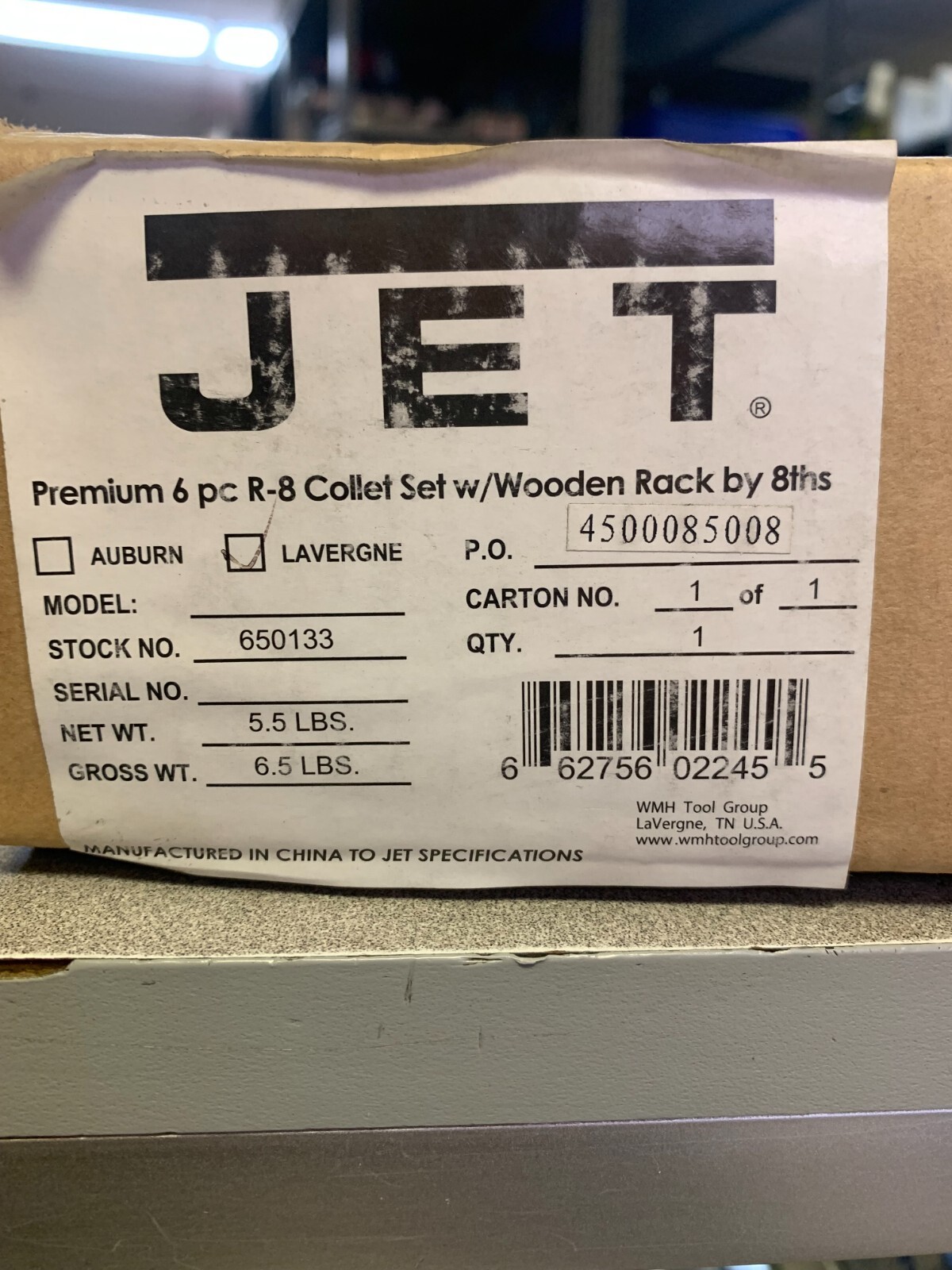 JET 650133 6-PIECE R-8 INCH SIZE COLLET SET R8 COLLETS