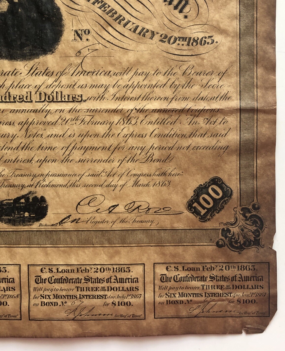 Antique Feb 1863 Confederate States of America Loan Bond #67 100$ Richmond