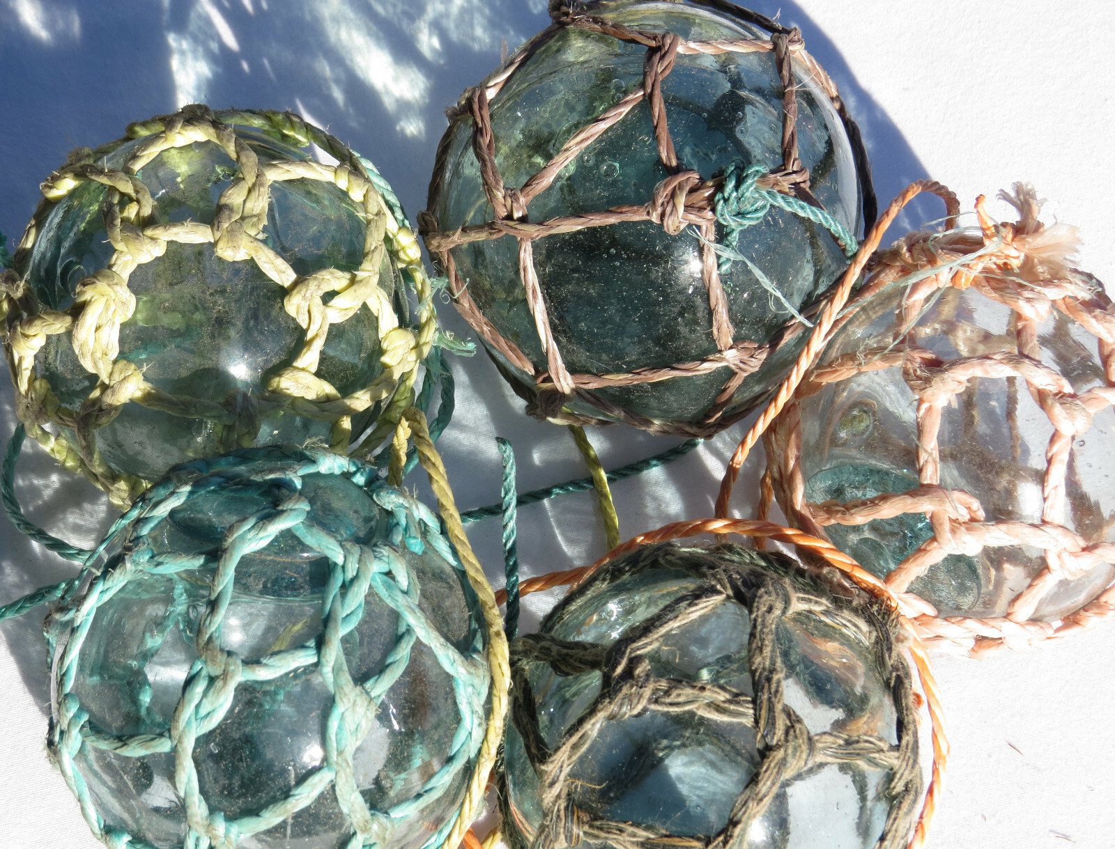 Japanese Glass Fishing FLOATS 3-3.5" Netted (5) FIVE Varied Nets Vtg USA BZ