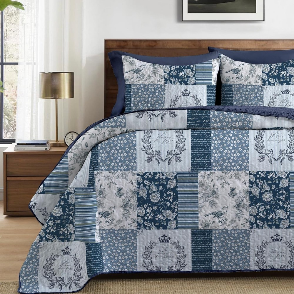 3 Piece Full Size Quilt Set Queen Lightweight Soft Plaid Patchwork Bedding