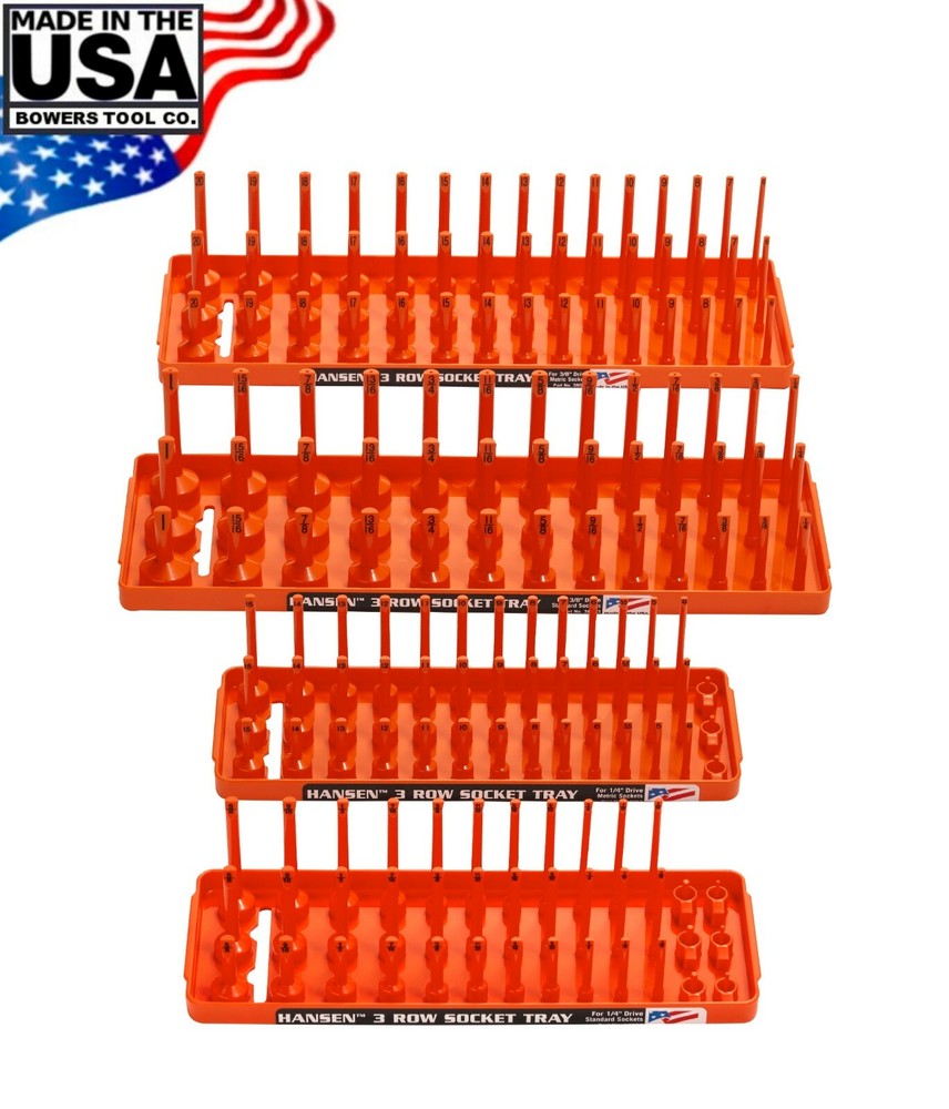 Hansen 4pc Socket Holder Tray Organizer Set 3 Row 1/4" 3/8" Deep Shallow Orange