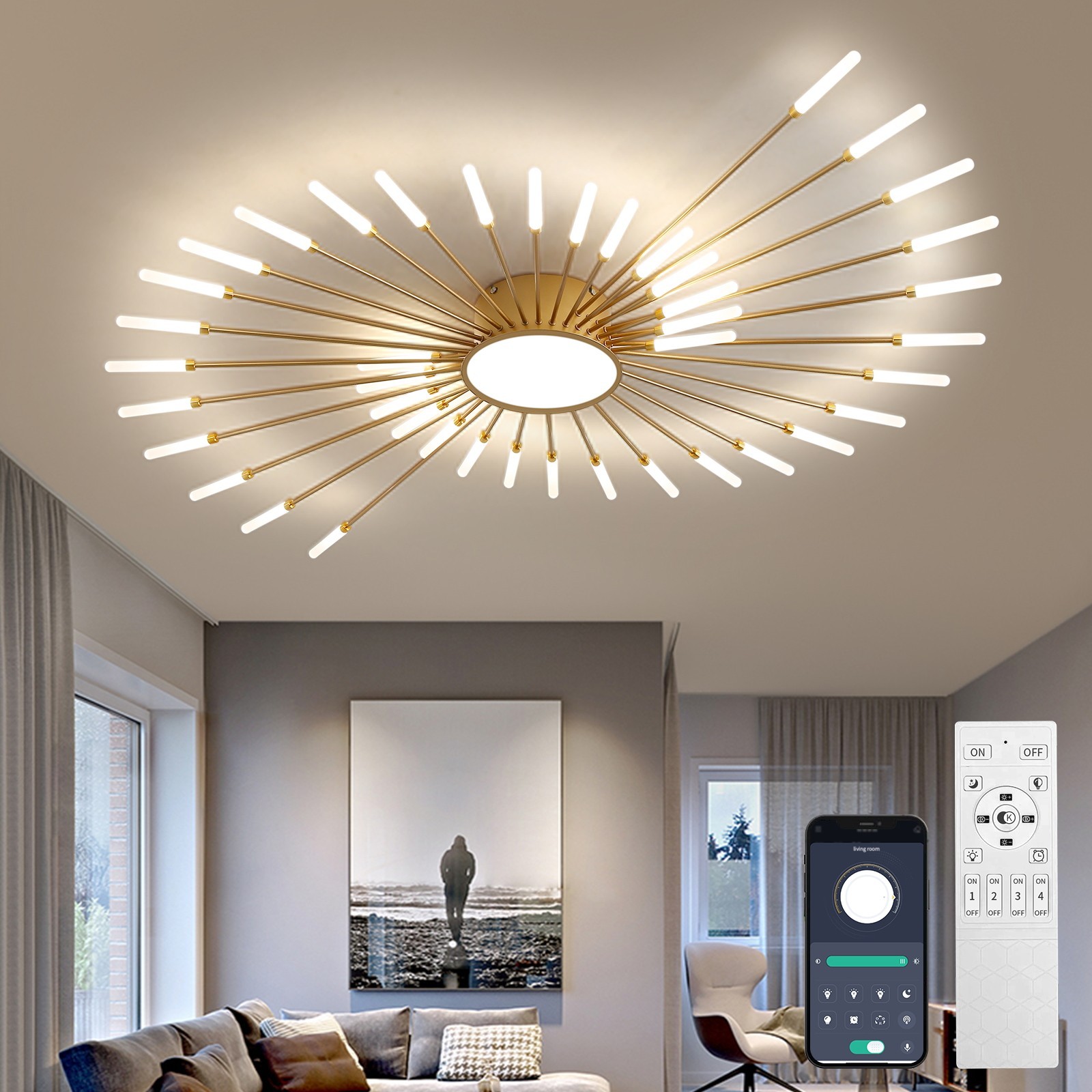 42-Light Fireworks Ceiling Light Modern LED Flush Mount Dimmable APP Remote-Gold