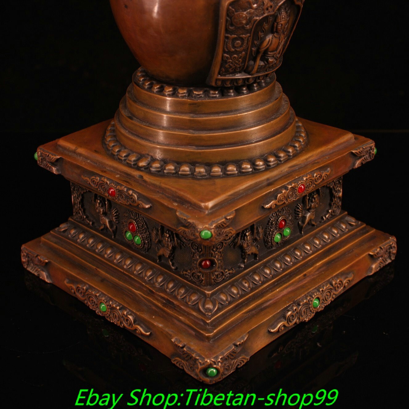15.7'' Old Tibet Bronze Inlay Gems Shakyamuni Buddha Stupa Pagoda Tower Statue