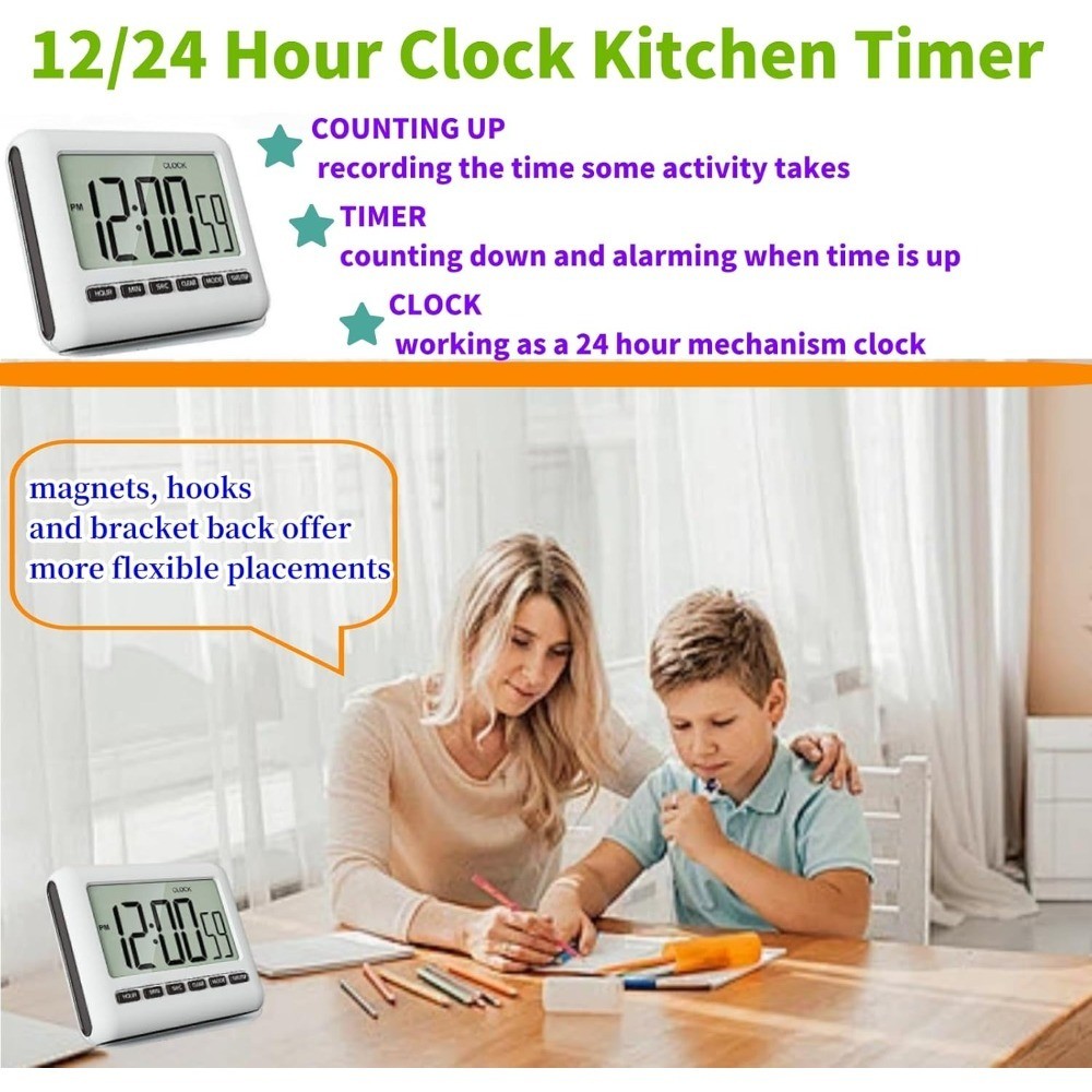 Digital Kitchen Timer with Magnetic Back, Alarm Clock, Count Up and Count Down,